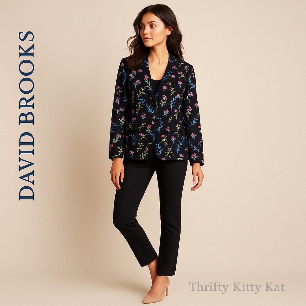 David Brooks Embroidered Blazer Notch Lapel Black 10 Vintage Dark Academia‎ Boho